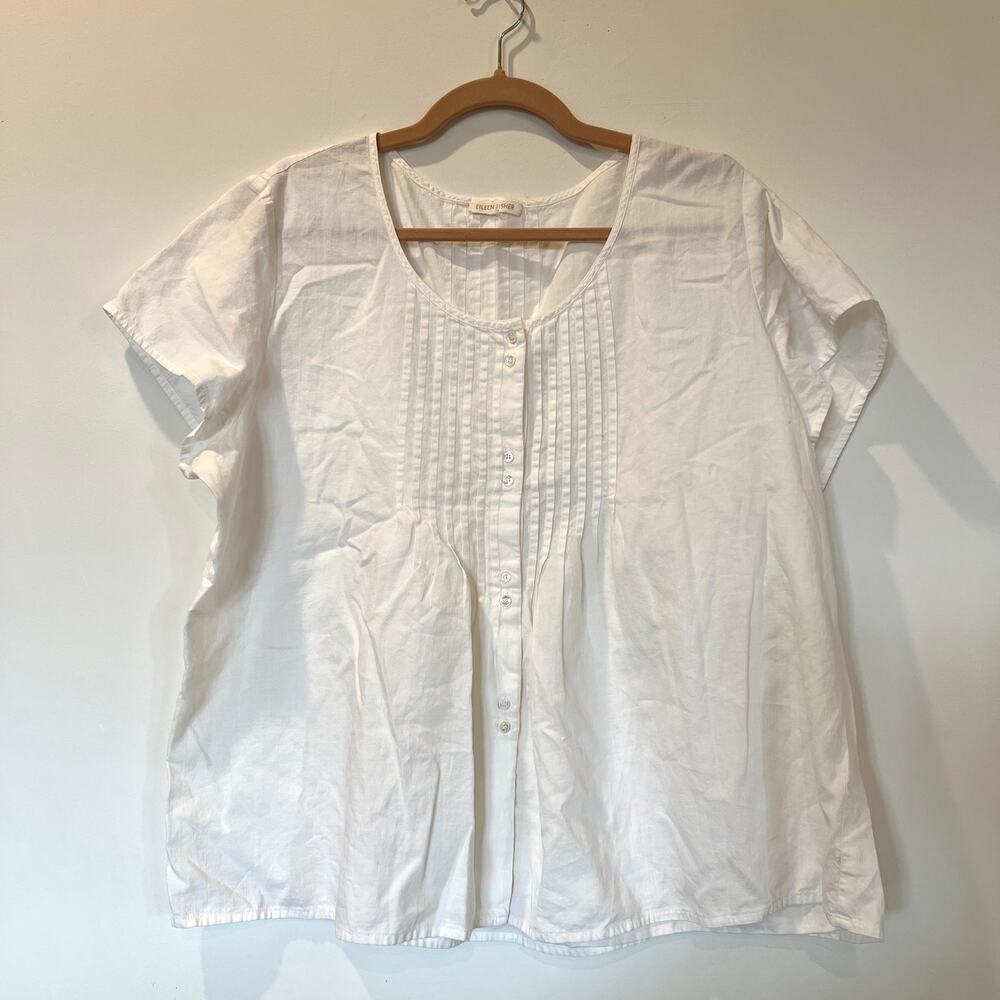 Eileen Fisher White Pintuck Button-Front Cotton Blouse